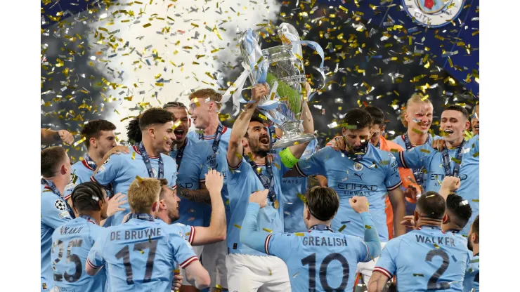 ISTANBUL, TURKEY – JUNE 10: Ilkay Guendogan of Manchester City lifts the UEFA Champions League trophy after the team's victory during the UEFA Champions League 2022/23 final match between FC Internazionale and Manchester City FC at Atatuerk Olympic Stadium on June 10, 2023 in Istanbul, Turkey. (Photo by David Ramos/Getty Images)
