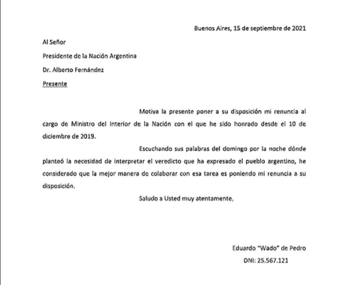 La carta que presentó Eduardo de Pedro.