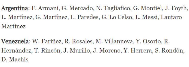 Las formaciones del 3-1 de Venezuela vs. Argentina. (El Comercio)