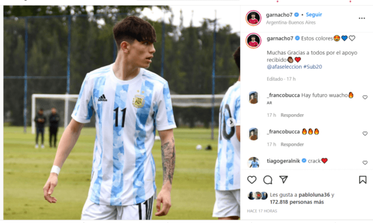 Garnacho y su posteo en Instagram.