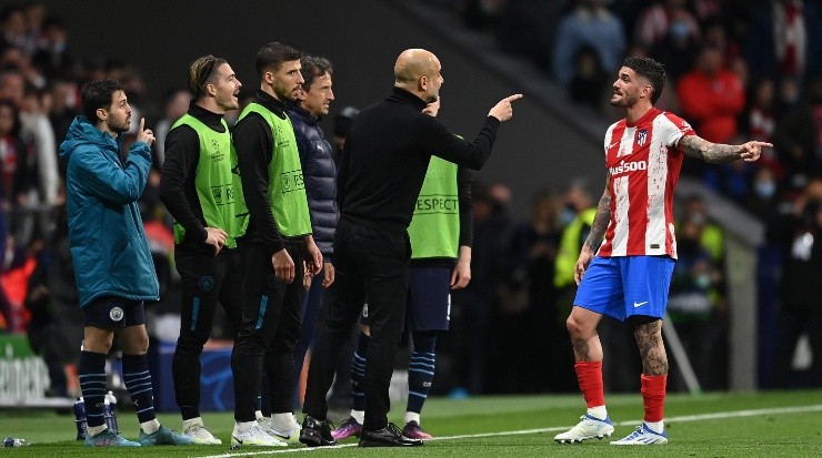 Pep Guardiola y De Paul, discutiendo en el Wanda Metropolitano.