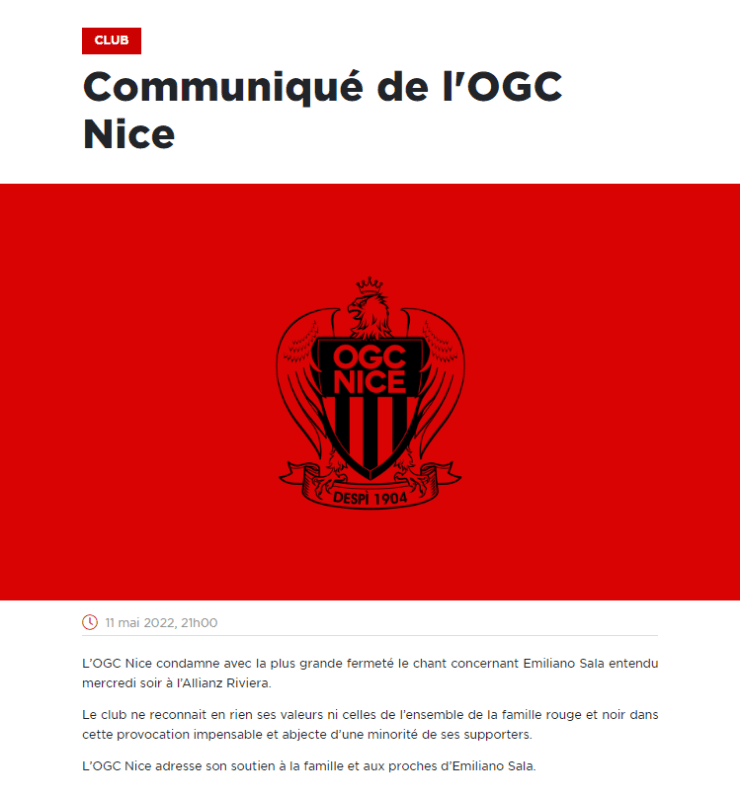 El comunicado oficial de Niza por los cantitos de los ultras.