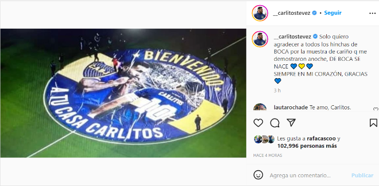 El posteo de Tevez después de dirigir en La Bombonera.