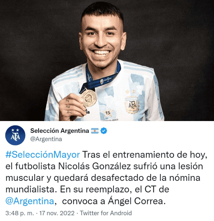 Nicolás González, baja de la Selección.