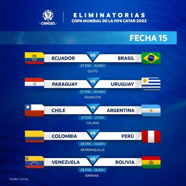 El cronograma de la fecha 15 de las Eliminatorias. (Foto: Twitter oficial Conmebol)