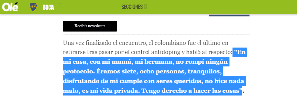 Recorte del Diario Olé.