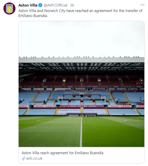 Anuncio oficial del Aston Villa vía Twitter por la compra de Buendía