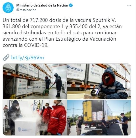 El Gobierno continúa con la distribución de las vacunas Sputnik V en los distintos sectores de Argentina. (Foto: Twitter Ministerio de Salud de la Nación).