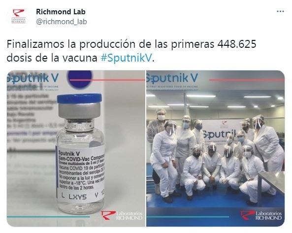 Laboratorios Richmond se encargar de fabricar las vacunas Sputnik V en Argentina. (Foto: Twitter Richmond Lab).