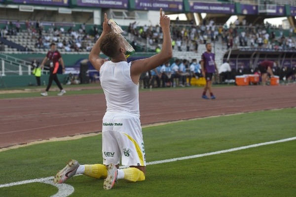 Su festejo de gol en la final de la Sudamericana ante Lanus. Foto: Getty