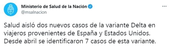 Se detectaron más casos de la variante Delta en la Argentina. (Foto: Twitter Ministerio de Salud de la Nación).