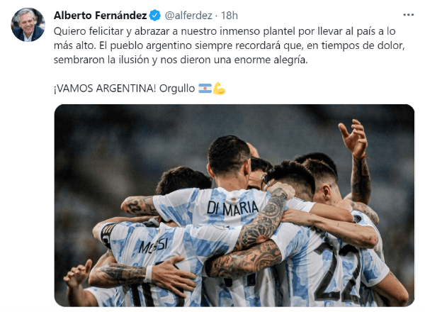 El mensaje de Alberto Fernández tras la consagración de la Selección Argentina en la Copa América. (Foto: Twitter Alberto Fernández).