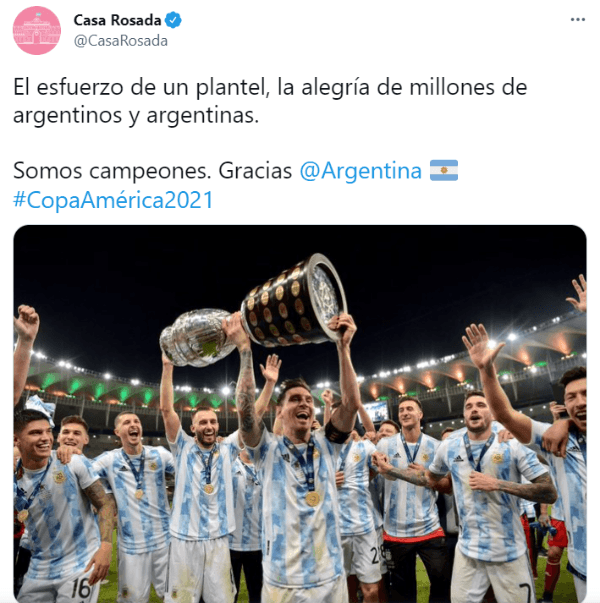 La publicación de la cuenta de la Casa Rosada sobre la conquista de la Copa América. (Foto: Twitter Casa Rosada).