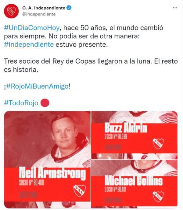 En el aniversario 50 del alunizaje, el Rojo recordó el suceso histórico en Twitter