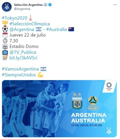 La Selección Argentina Sub 23 debuta en Tokio 2020. (Foto: Twitter Selección Argentina).
