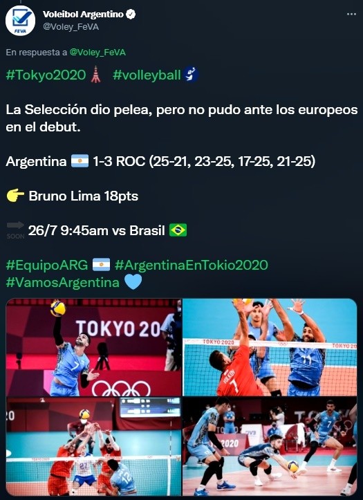 El voley argentino masculino no pudo ante ROC en Tokio 2020