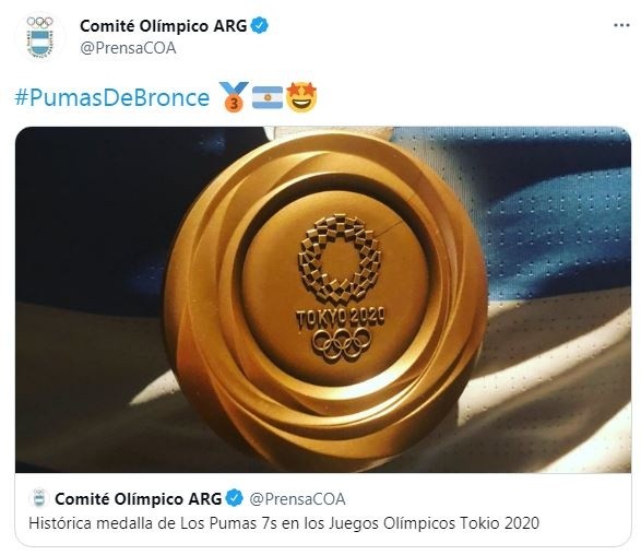 Los Pumas 7's ganaron la primera medalla argentina en Tokio 2020. (Foto: Captura Twitter @PrensaCOA).