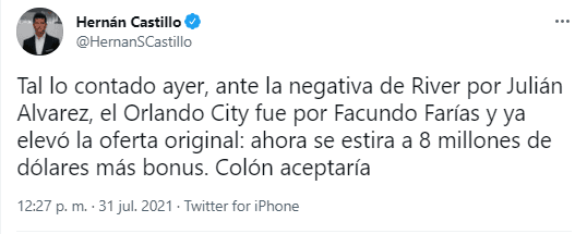 Tuit de Hernán Castillo.