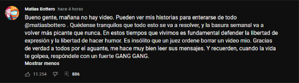 El mensaje de Bottero para su comunidad en YouTube