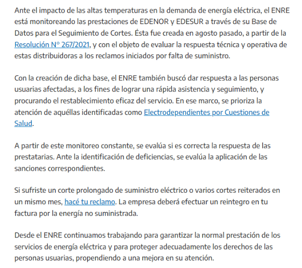 El comunicado completo del Enre (página oficial del ENRE).