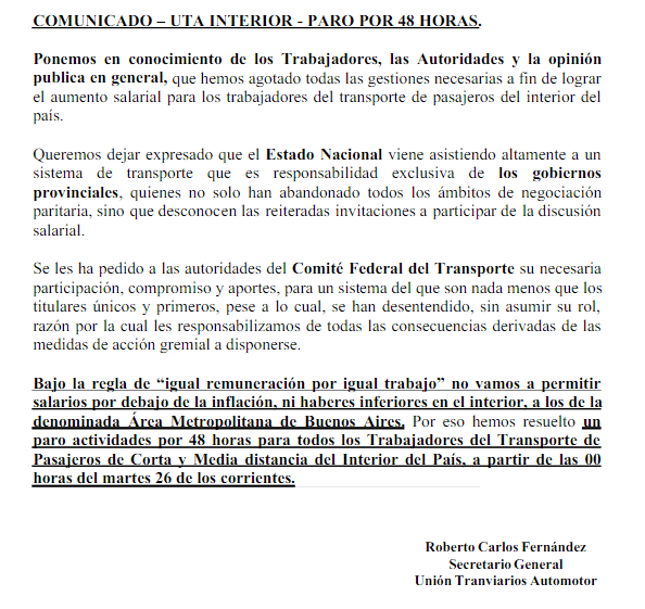 El comunicado de la UTA.