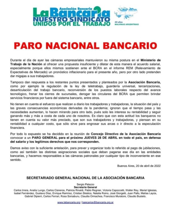 Comunicado Oficial de la Asociación Bancaria del miércoles 20 de abril.