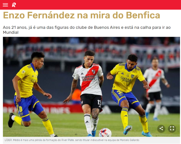 La prensa de Portugal asegura que Benfica quiere al volante de River.