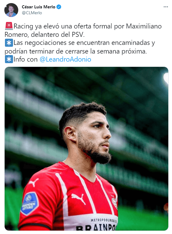 Romero, que fue ofrecido a River en febrero, avanza las negociaciones con Racing.