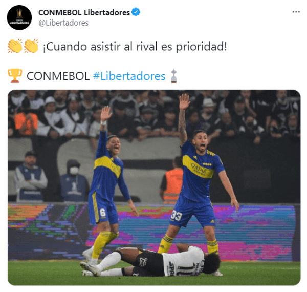 El tuit de Conmebol felicitando a dos jugadores de Boca.