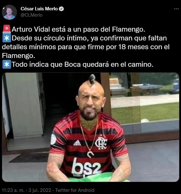 Vidal, a un paso de Flamengo.