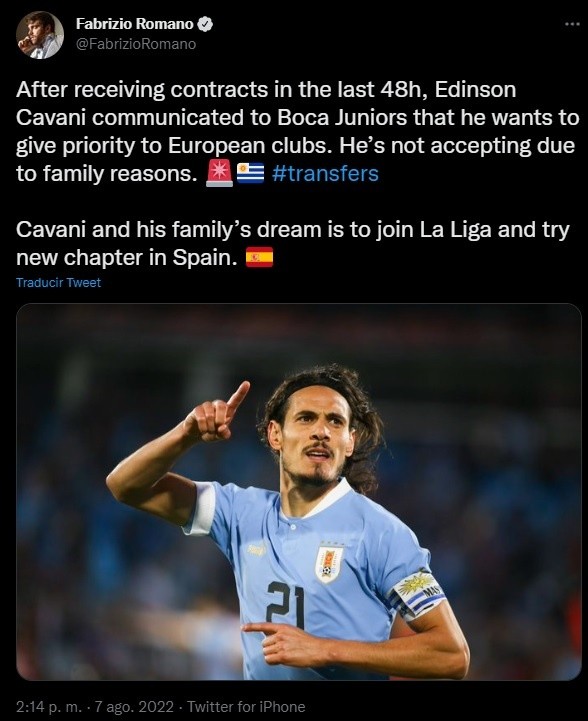 Cavani no llegará a Boca.