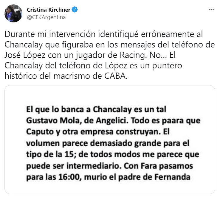 No era para el jugador: la aclaración de Cristina Kirchner tras nombrar a Chancalay.