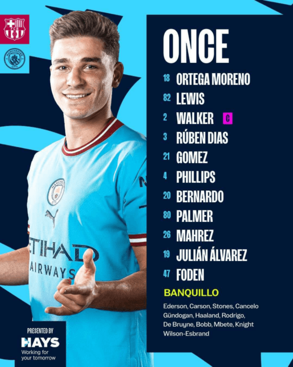 Julian Álvarez, titular en el Manchester City vs. Barcelona.