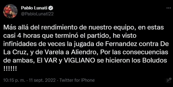 Lunati estalló en Twitter.