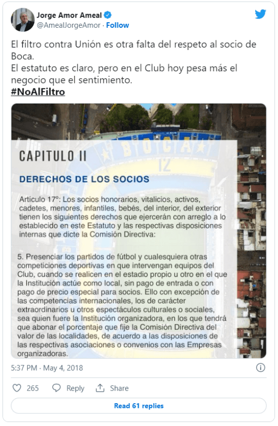 El tuit de Ameal que citan los hinchas.