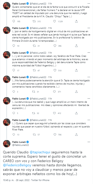 La contundente respuesta de Lunati a la denuncia que le hizo Chiqui Tapia.
