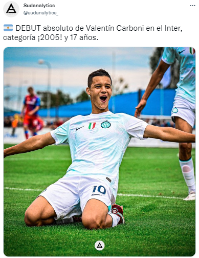 Valentín Carboni, el argentino que debutó en el Inter deLautaro Martínez.