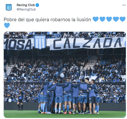 El tuit de Racing apenas consumado el triunfo de Boca ante Gimnasia.
