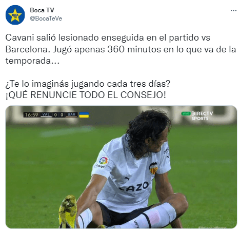 Los hinchas de Boca se burlan de la lesión de Cavani que podría dejarlo sin Mundial.