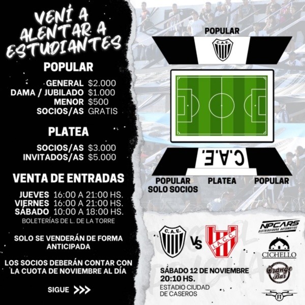 Los precios de las entradas para la final de ida del Reducido de la Primera Nacional 2022 (Foto: Twitter @EstudiantesOK)