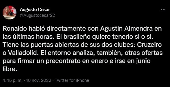 Ronaldo llamó a Almendra.