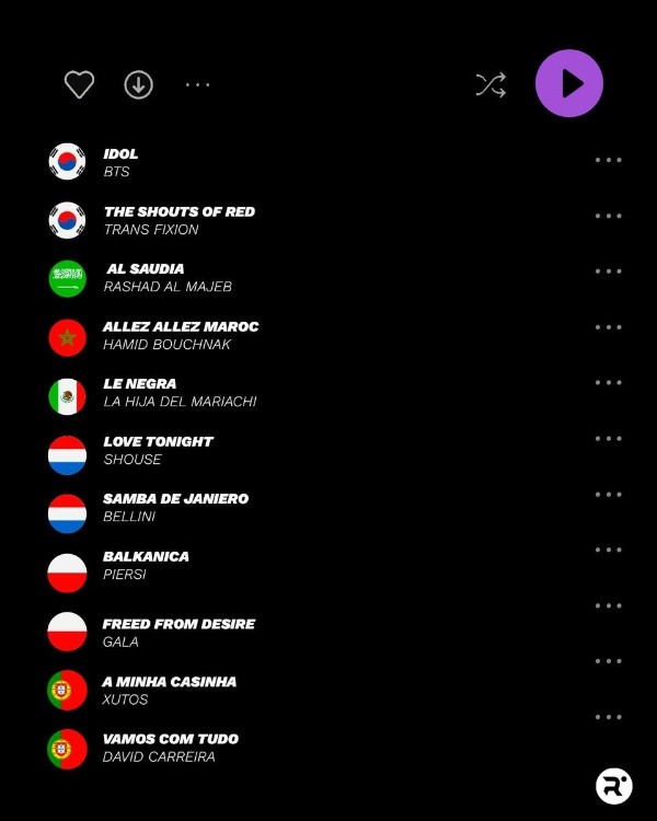 Las canciones de cada selección.