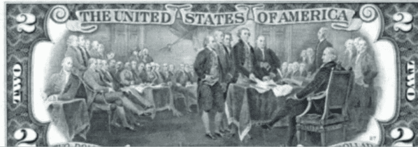 En el dorso del billete figura la firma de la declaración de la Independencia de Estados Unidos.