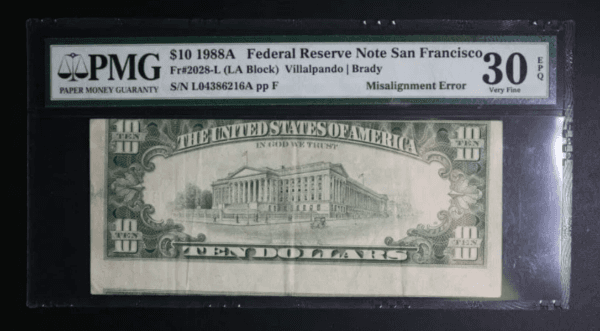 El dorso del billete de 10 dólares con un error de impresión.