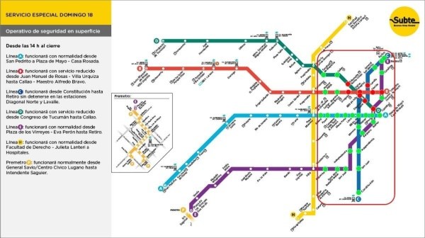 Las líenas de subte este domingo.