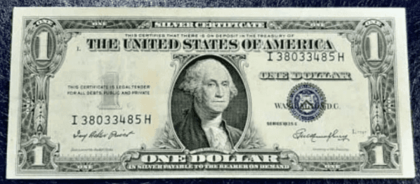 El frente del billete de 1 dólar con un error en el sello.