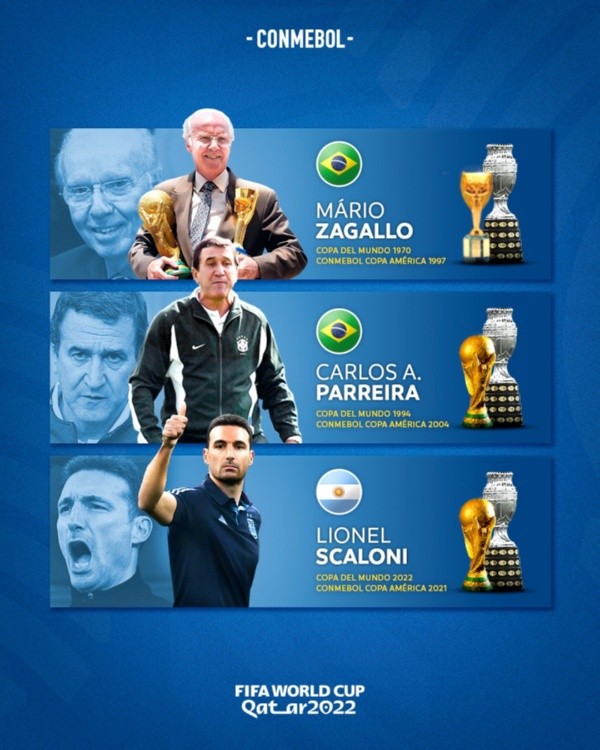 Lionel Scaloni junto a Mario Zagallo y Carlos Parreira.