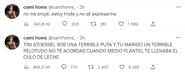Los agresivos tweets de la cuenta fake de Camila Homs para Tini Stoessel