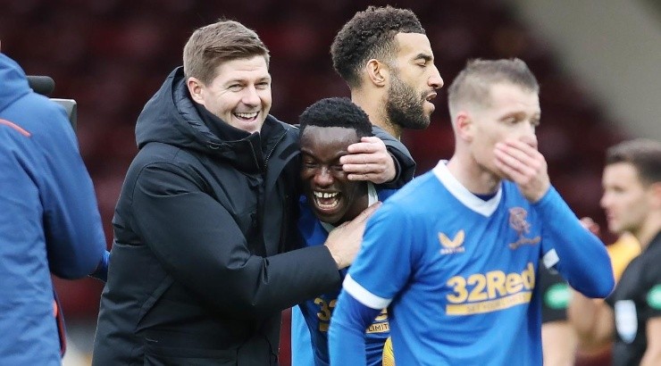 Steven Gerrard is seen with Fashion Sakala during the Cinch Scottish Premiership match between Motherwell FC and Rangers FC (Photo by Ian MacNicol/Getty Images)