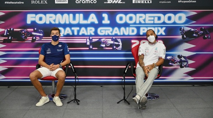 George Russell (left) and Williams and Lewis Hamilton (right) of Great Britain. (Andrej Isakovic – Pool/Getty Images)